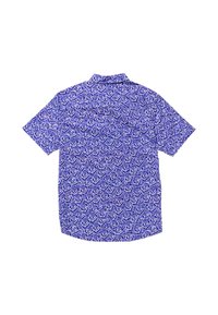 Short-sleeve, button-up shirt in blue with a floral pattern in white. Features a standard collar and a curved hem for a relaxed fit.