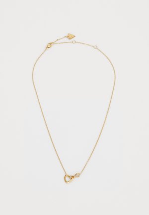 Gouden ketting met een hartvormig middelpunt en een oneindigheidsontwerp, met een delicate textuur en een schaarpjesluiting.