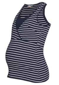 Top de maternidad sin mangas a rayas en azul marino y blanco con escote en V, que presenta un diseño ajustado y una tela elástica para mayor comodidad y soporte.