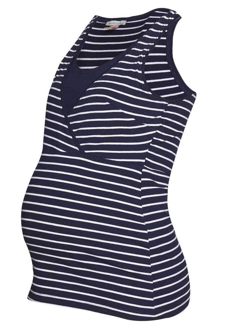 Top de maternidad sin mangas a rayas en azul marino y blanco con escote en V, que presenta un diseño ajustado y una tela elástica para mayor comodidad y soporte.