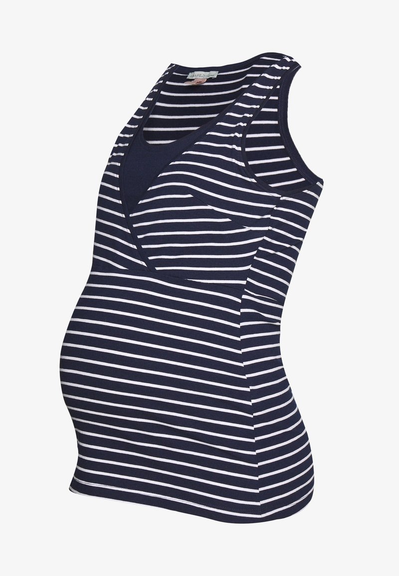 Top de maternidad sin mangas a rayas en azul marino y blanco con escote en V, que presenta un diseño ajustado y una tela elástica para mayor comodidad y soporte.