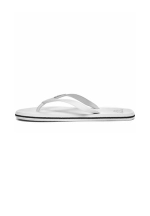 Infradito bianco con una striscia nera sulla suola e un piccolo logo sulla fascetta, mostrato di profilo su sfondo bianco.