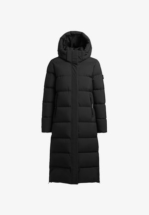 Schwarzer Steppmantel mit Kapuze, langer Schnitt, horizontalem Steppmuster und seitlichen Reißverschlusstaschen für Funktionalität.