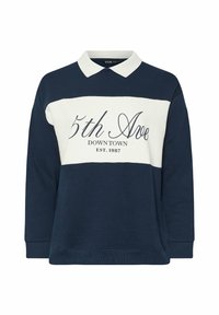 Mörkblå sweatshirt med vit horisontell rand, med texten "5th Ave DOWNTOWN EST. 1987", krage och långa ärmar.