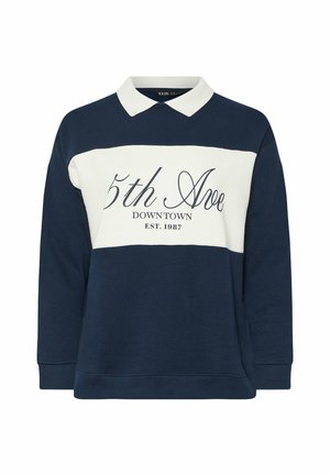 Donkerblauwe sweatshirt met witte horizontale streep, met de tekst "5th Ave DOWNTOWN EST. 1987", kraag en lange mouwen.