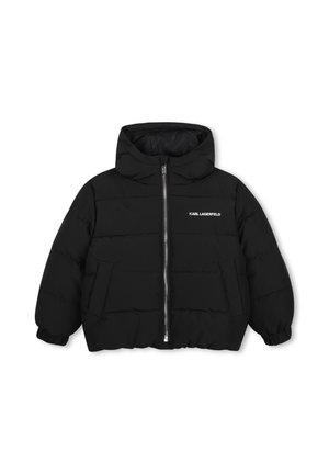 Zwarte donsjas met capuchon, ritssluiting aan de voorkant, zijzakken, elastische manchetten en wit "KARL LAGERFELD"-logo op de borst.