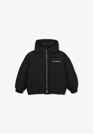 Must puffer-jope kapuutsiga, esikinnitus lukuga, küljetaskud, elastsed varrukad ja valge "KARL LAGERFELD" logo rinnal.