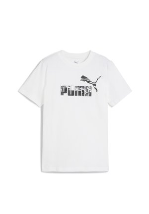 Biała bawełniana koszulka z krótkim rękawem, z czarnym kamuflażem logo "PUMA" oraz ikonicznym skaczącym pumą umieszczonym na lewej piersi.