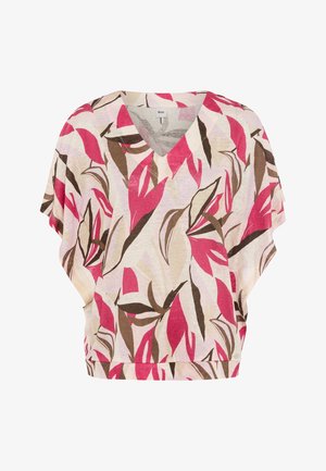 Blouse à encolure en V à coupe ample avec manches courtes, présentant une base beige et des motifs abstraits audacieux en formes de feuilles roses et brunes.