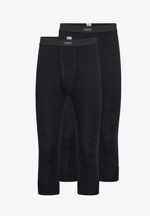 Sorte termisk sæt med lang undertøj i en glat tekstur, med en taljeelastik mærket "DOVRE" og en funktionel åbningsløsning.