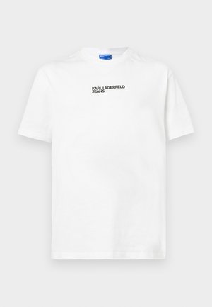 Hvit bomull t-skjorte med korte ermer, med en svart "Karl Lagerfeld Jeans" print i midten. Klassisk rund halsdesign.