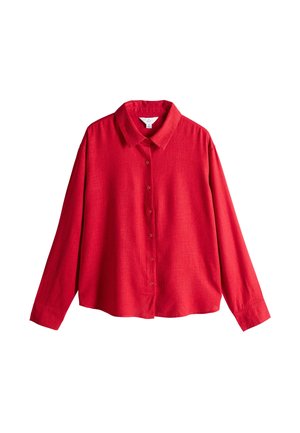 Pika punane pikkadel varrukatel särk, krae ja nupud ees, lõdva istumisega; valmistatud tekstuurist kangast sileda viimistlusega.