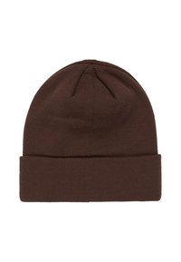 Bruine gebreide beanie met een opgerolde rand, gladde textuur, afgeronde bovenkant en eenvoudig ontwerp. Heeft een naadloze constructie zonder versieringen.