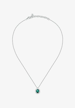 Silver necklace featuring an oval green gem surrounded by small clear stones, with a fine chain and adjustable clasp.