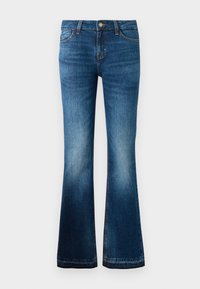 Fittede mørkeblå denim flared jeans med lys fading, fem lommer og metallknappelukking i livet.
