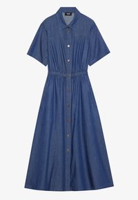 Jeanskjortedress med korte ermer, krage, knapplukking, elastisk midje og sidelommer i en mellomblå farge.