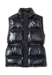 Chaleco acolchado negro con cuello alto, textura brillante, cierre frontal con botones a presión y dos bolsillos delanteros. Cinta ajustable en la cintura.
