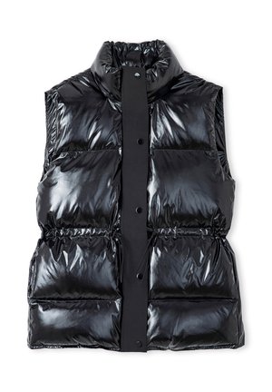 Chaleco acolchado negro con cuello alto, textura brillante, cierre frontal con botones a presión y dos bolsillos delanteros. Cinta ajustable en la cintura.