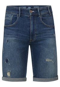 Shorts en denim de couleur bleue moyenne, avec des détails usés, des ourlets retroussés et des poches standard. Boutons et coutures visibles.