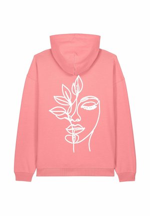 Roze hoodie met witte minimalistische lijntekening van een vrouwelijk gezicht gedeeltelijk bedekt door een bladertak op de achterkant.