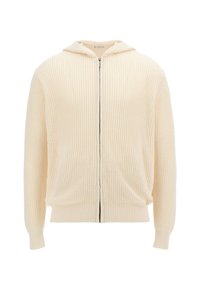Cremfarbener gestrickter Kapuzencardigan mit vollem Reißverschluss, zwei vorderen Taschen, gerippten Bündchen und einem strukturierten Muster überall.