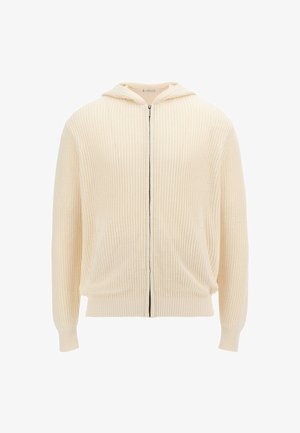 Krémový pletený kardigán s kapucňou, plným zipsom, dvoma prednými vreckami, ribbovanými manžetami a s textúrovaným vzorom po celom povrchu.