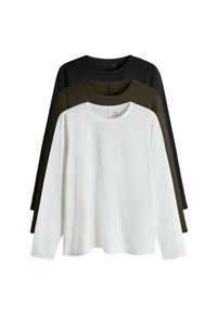 Drei langärmlige T-Shirts übereinander gestapelt: weiß, olivgrün, schwarz. Baumwollstoff mit runden Ausschnitten und geraden Säumen. Schlichte, einfarbige Designs.