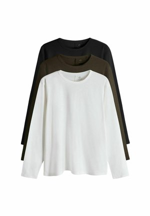 Drei langärmlige T-Shirts übereinander gestapelt: weiß, olivgrün, schwarz. Baumwollstoff mit runden Ausschnitten und geraden Säumen. Schlichte, einfarbige Designs.