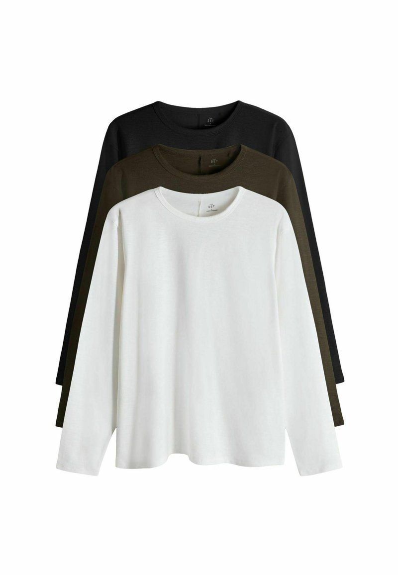 Drei langärmlige T-Shirts übereinander gestapelt: weiß, olivgrün, schwarz. Baumwollstoff mit runden Ausschnitten und geraden Säumen. Schlichte, einfarbige Designs.
