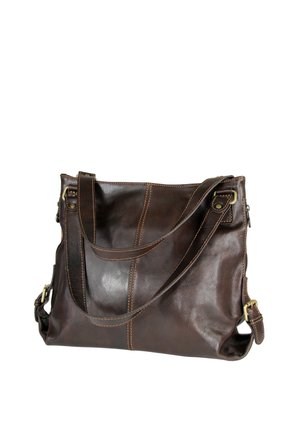 Donkere bruine leren schoudertas met twee verstelbare riemen en zichtbare beige stiksels tegen een effen witte achtergrond.