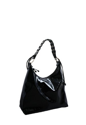 Sac à main en cuir verni noir brillant avec une bandoulière tressée comportant des œillets métalliques et une fermeture éclair incurvée sur le dessus.