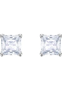 Brincos de seta de zircônia cúbica clara com corte princesa, montados em configurações de metal prateado polido com quatro garras. Forma quadrada, brilho brilhante.