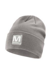 Grå strikket hue med foldet cuff, der har et firkantet mærke med "M" logoet og "MERRELL" teksten i hvidt på en grå baggrund.