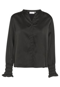 Schwarze Satinbluse mit V-Ausschnitt, langen Puffärmeln mit gerafftem Bund und einem leicht lockeren Schnitt, glatte Textur.