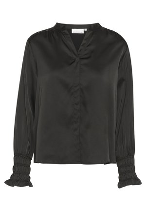 Schwarze Satinbluse mit V-Ausschnitt, langen Puffärmeln mit gerafftem Bund und einem leicht lockeren Schnitt, glatte Textur.