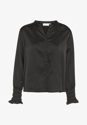 Black satin blouse with a V-neck, long puff sleeves featuring gathered cuffs and a slightly loose fit, smooth texture.