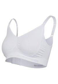 Weiße ungepolsterte Bralette aus 91 % Polyamid und 9 % Elastan, mit verstellbaren Trägern, nahtlosem Design und einer weichen, dehnbaren Textur.