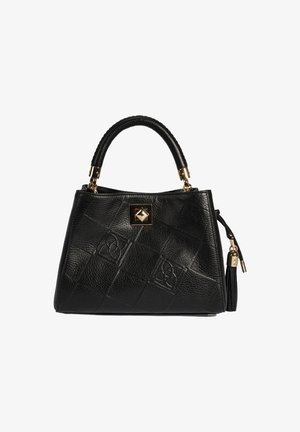 Zwarte leren handtas met een quilted ontwerp, gouden accenten en een gestructureerde handgreep. Het heeft een decoratieve vierkante logo en een kwastdetail.