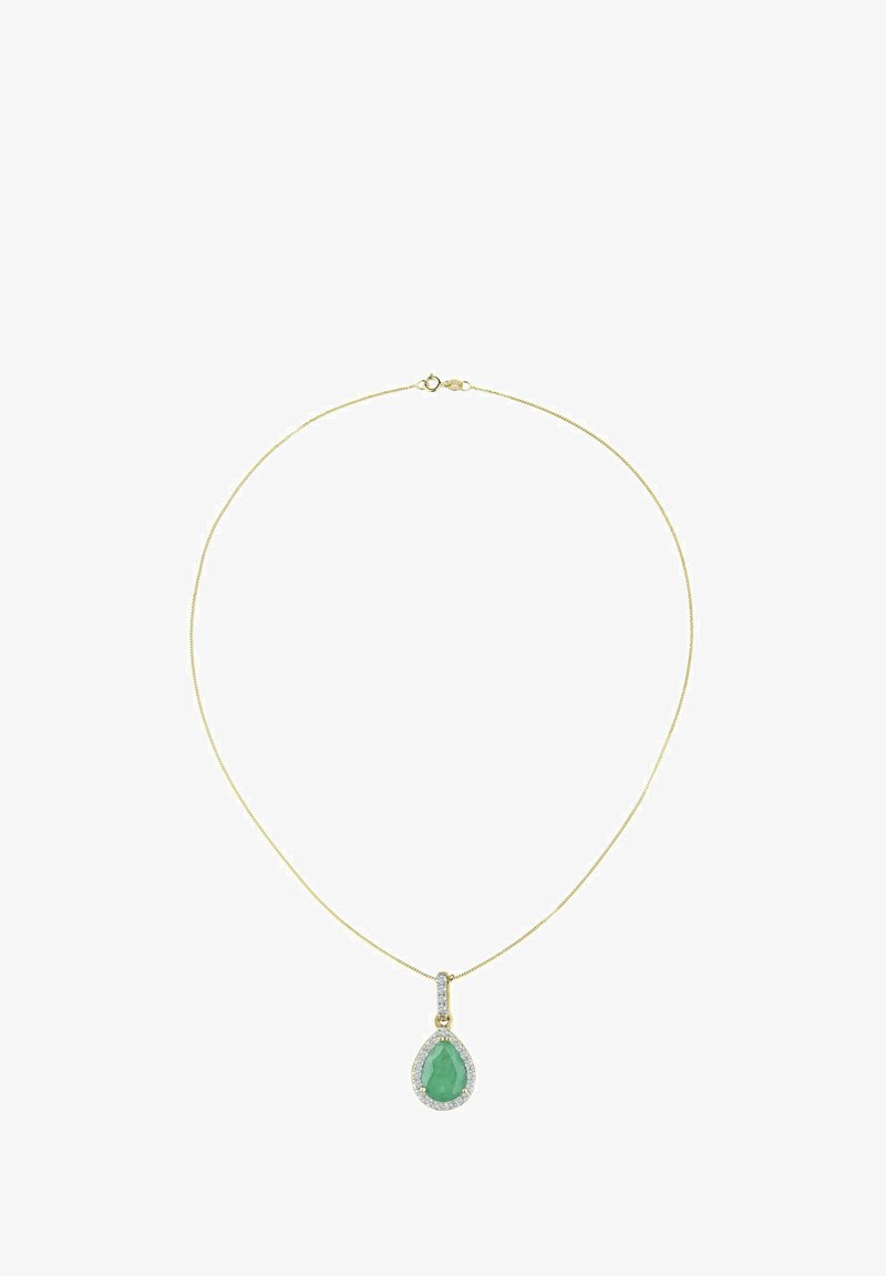 Zlata verižica z obeskom v obliki solzice, ki ima zelen dragulj obdan z bleščečim diamantnim robom.
