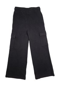 Pantaloni cargo neri con vestibilità rilassata, realizzati in tessuto morbido, dotati di due tasche laterali e vita elasticizzata.