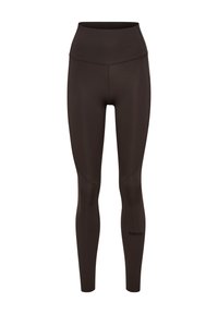 High waist legging in donkerbruin, gemaakt van rekbaar materiaal. Heeft een gladde textuur met gestikte details en een logo bij de enkel.