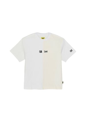 Short-sleeve T-shirt, half white and half light beige, featuring a black elephant logo and "Lee" text on the front.