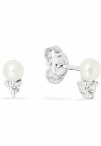 Orecchini a perno in argento con una perla bianca sopra una pietra rotonda simile a un diamante, con una finitura liscia e lucida e un design semplice del perno.