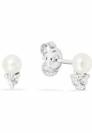 Silver stud earrings featuring a white pearl atop a round diamond-like stone, with a sleek, polished finish and a simple post design.