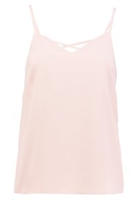 Světle růžová top bez rukávů s tenkými nastavitelnými ramínky a křížovým designem v oblasti výstřihu, vyrobený z hladké, lehké tkaniny.