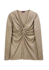 Langärmliges, beiges Oberteil mit tiefem V-Ausschnitt und gerafftem Design an der Vorderseite, aus weichem, strukturiertem Stoff gefertigt.