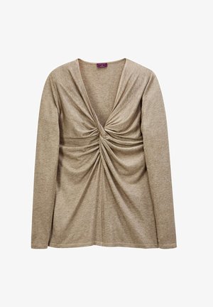 Langärmliges, beiges Oberteil mit tiefem V-Ausschnitt und gerafftem Design an der Vorderseite, aus weichem, strukturiertem Stoff gefertigt.