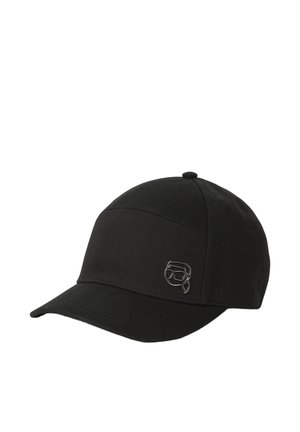 Black baseball cap with curved brim and small silver logo of a stylized face wearing goggles on the front right panel.