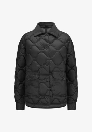 Schwarze gesteppt gesteppte Steppjacke mit Knopfleiste, zwei Fronttaschen und Kragen; verfügt über eine glatte Textur und ein abgerundetes Muster.