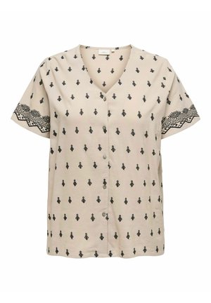 Beige Kurzarmhemd mit V-Ausschnitt, das schwarze geometrische Muster und gestickte Akzente an den Ärmeln aufweist. Mit Knopfleiste.